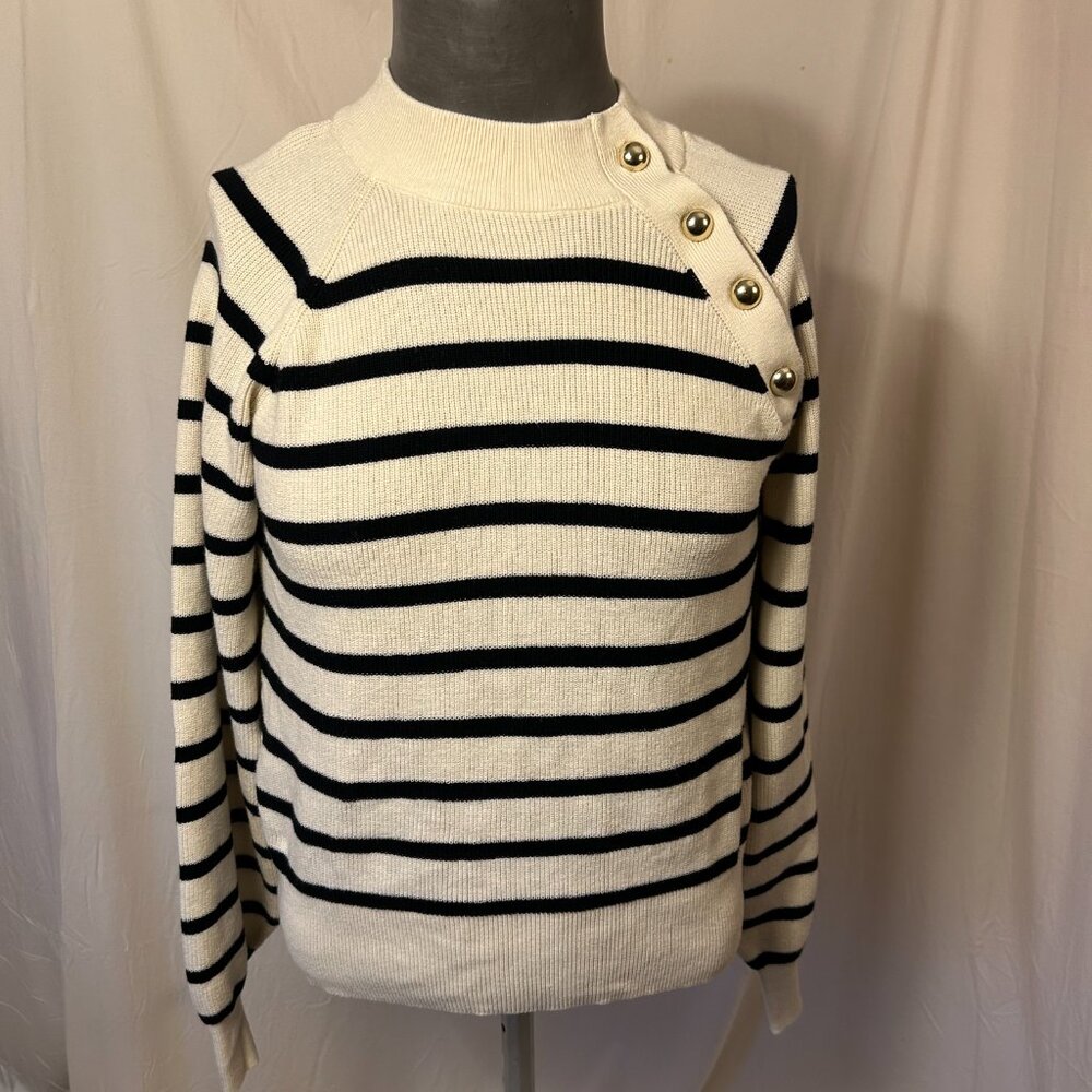 Nautical Beach Seashore Boat Striped Sweater W/ Gold Button Accents (Size S)